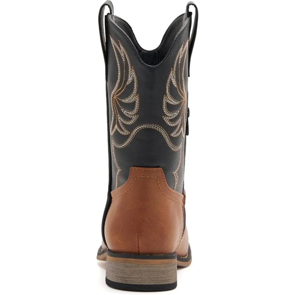 ⚡Girls Brown Black Embroidered Cowgirl Boots Western Square Toe Mid Calf